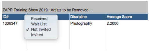 An image of the artists to be removed page showing the option to change their status
