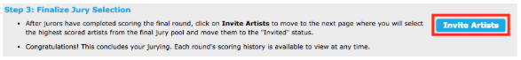 Image of the Invite Artist section on Jury Administration with Invite Artists button circled in red