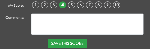 A close up of the scorecard. This image contains only the My Score section (where jurors can choose a score), the comment box, and the Save This Score button.