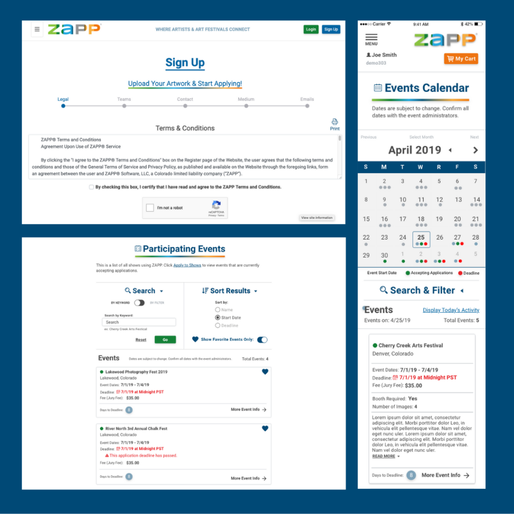 An image showing three pages of the redesigned ZAPP. These pages are the registration, participating events, and events calendar pages.