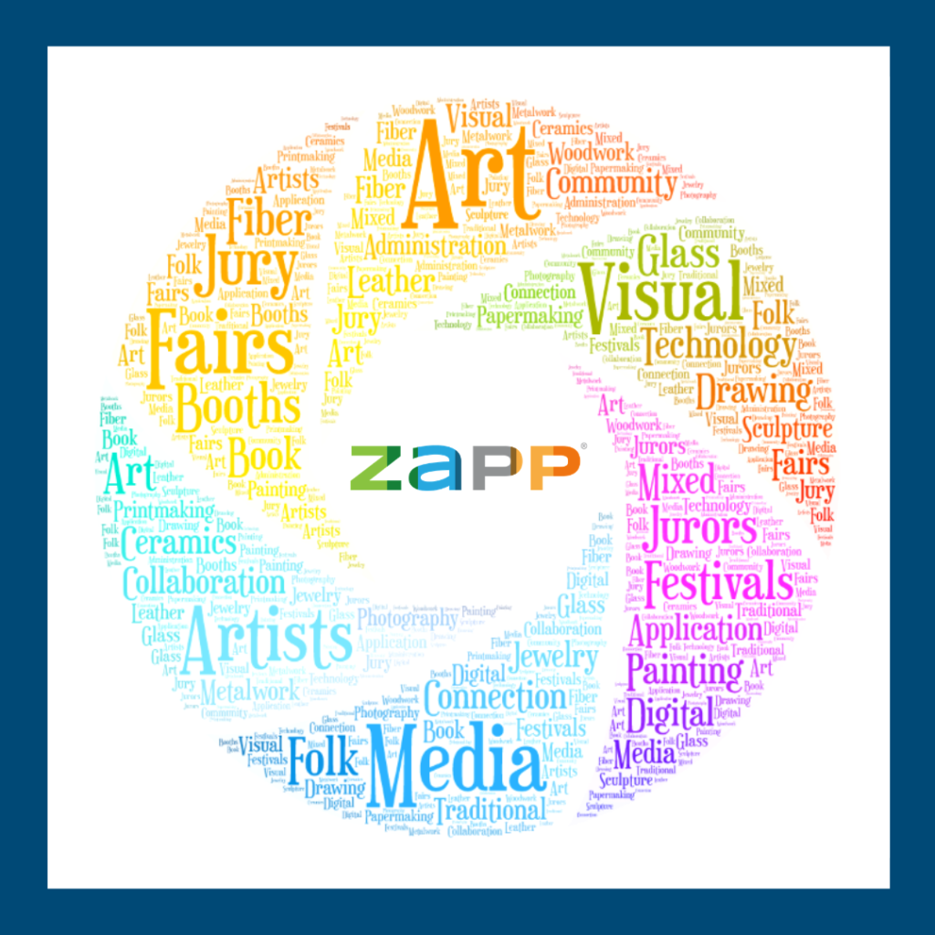 Image of a rainbow pinwheel graphic with various art related words within it. ZAPP's logo is in the center.
