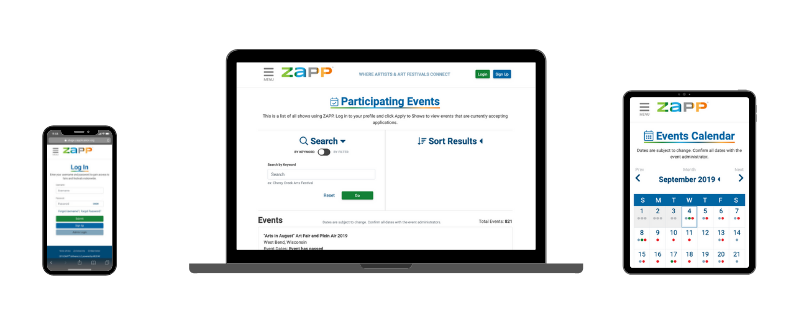 Image showing ZAPP Mobile on three devices: phone, computer, tablet. The phone is showing the log in page, the computer is showing the participating events page, and the tablet is showing the events calendar.