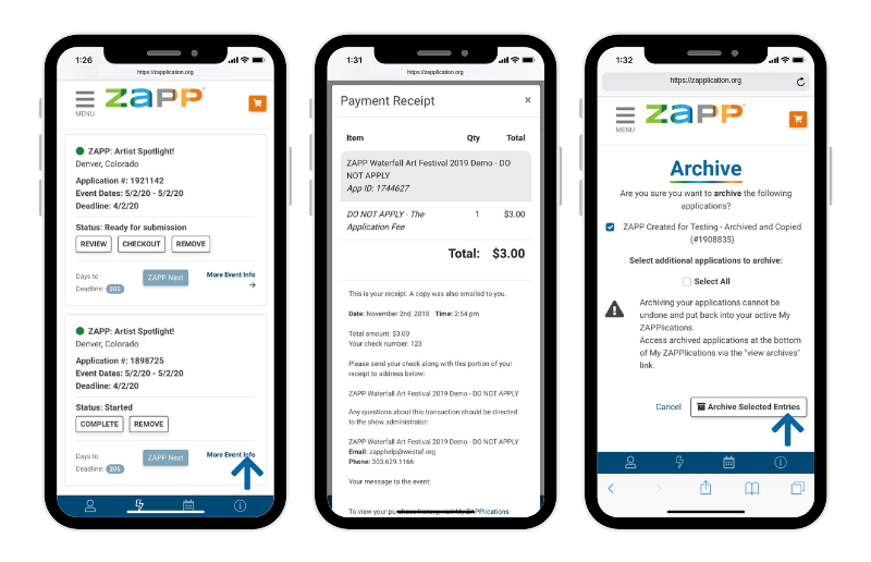 Three phones showing images of the My ZAPPlications page. The first is of individual applications, the second is of payment receipts, and the third is what it looks like to archive an application. 