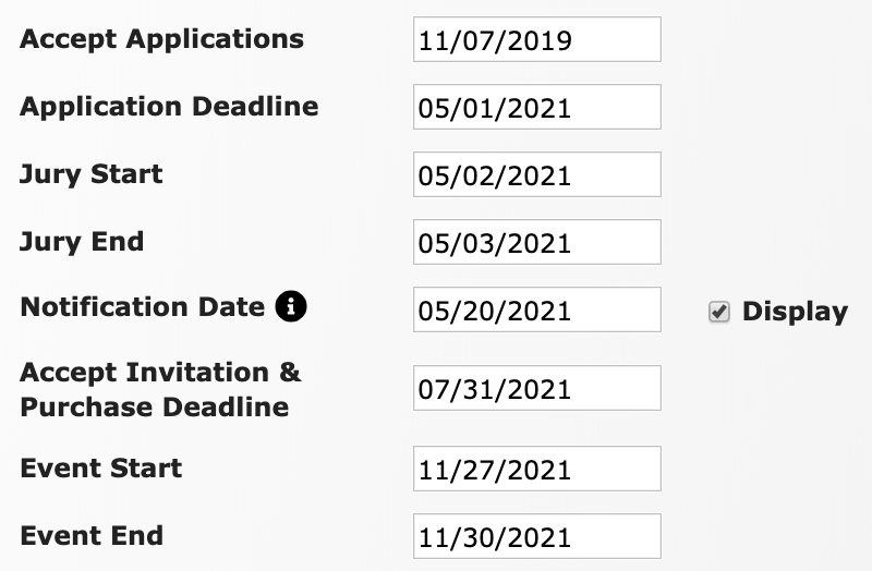 The list of dates found within the Event Information page. It shows a date filled in for the new field, Notification Date, with the checkbox next to the word "Display" checked. 