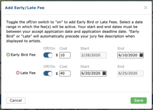 Image displays early/late fee modal. The two fees can be toggled on or off with a toggle and the dates they are active can be changed.