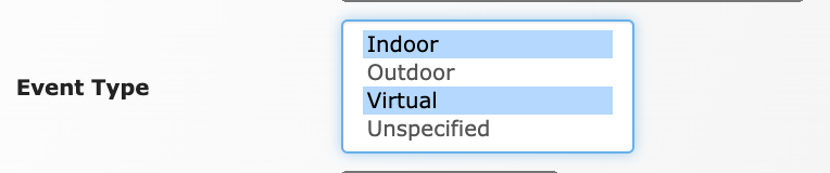 Image of the Event Type selection box with "Indoor" and "Virtual" highlighted.