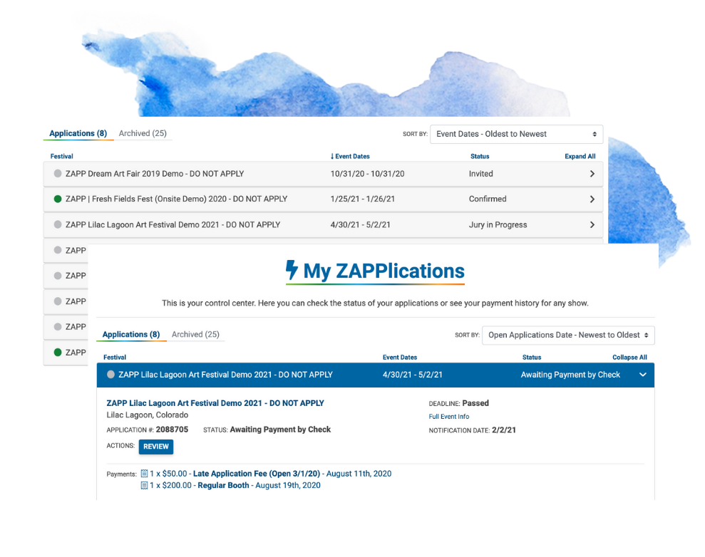 An image showing two views of the My ZAPPlications page; one with all applications collapsed and another with an application section expanded.