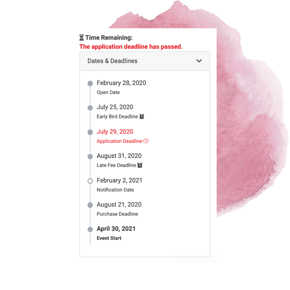 Image of an event timeline, showing application open date, deadlines, jury notifications date, accept invitation and purchase deadline and event start date