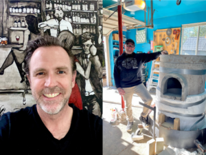 Two images: On the left, a photo of Will Armstrong from the shoulders-up. On the right, a photo of Douglas Sigwarth standing next to an in-progress piece of artwork